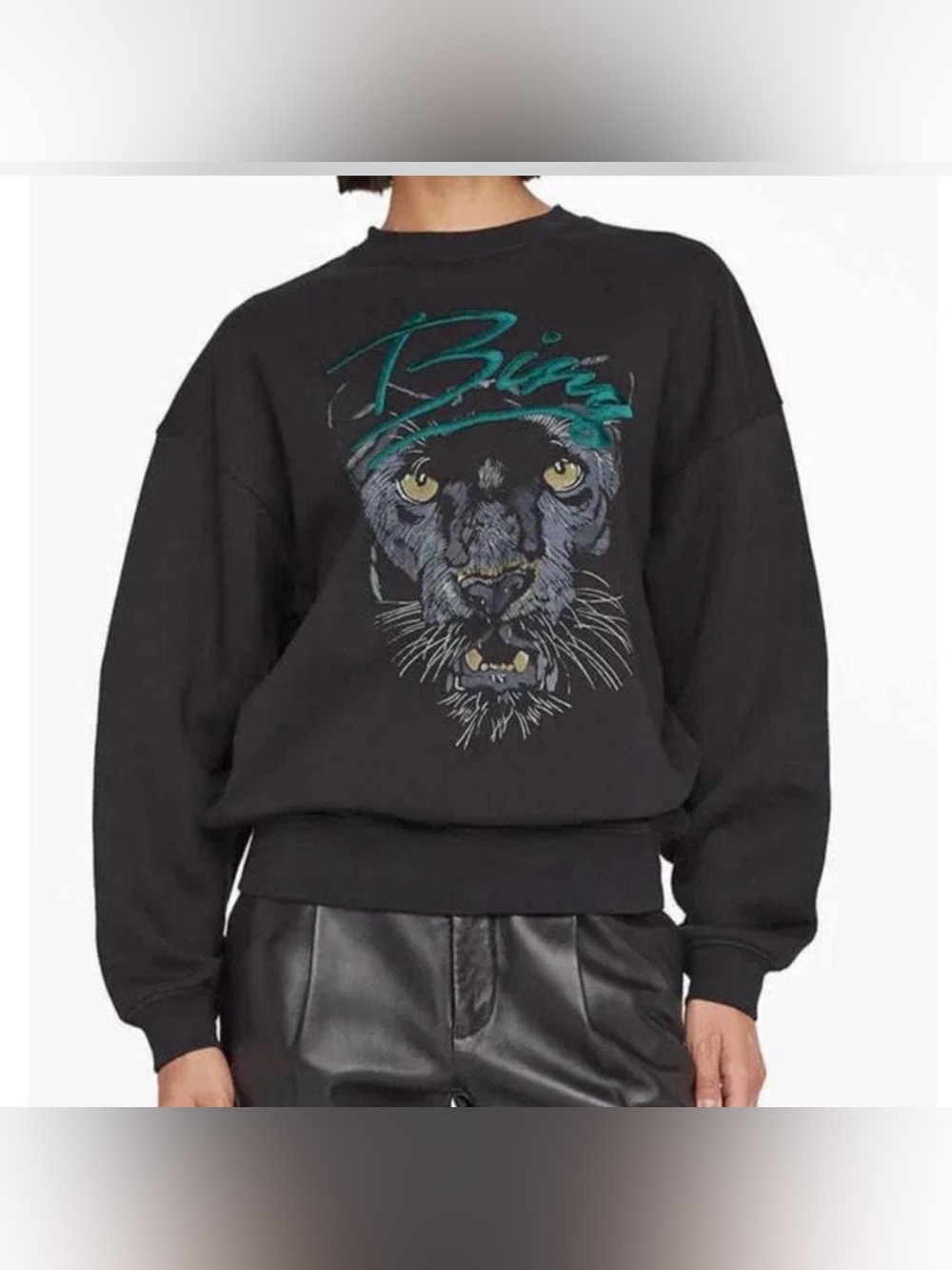 Anine Bing Kenny Sweatshirt Panther Vintage Black Embroidered Teal Small